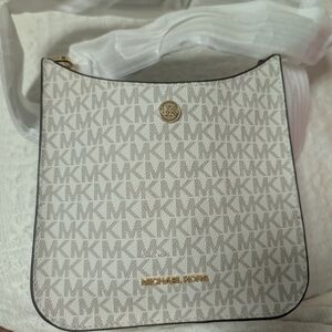Michael Kors White/Beige Logo Shoulder Bag with Gold Hardware